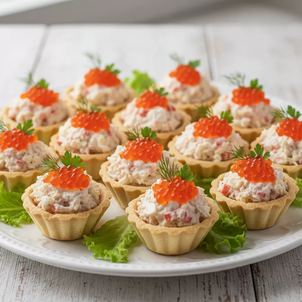 Элегантные тарталетки с крабовыми палочками и красной икрой